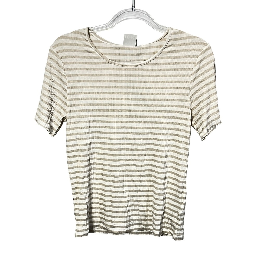 Ichi IHCELLA Tee Women Large Oatmeal Stripe Ribbed Short Sleeveโ Viscose Top